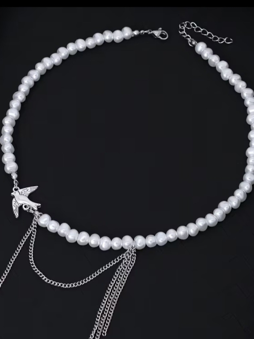 Pearl Bead Choker Necklace with Silver Bird Accent